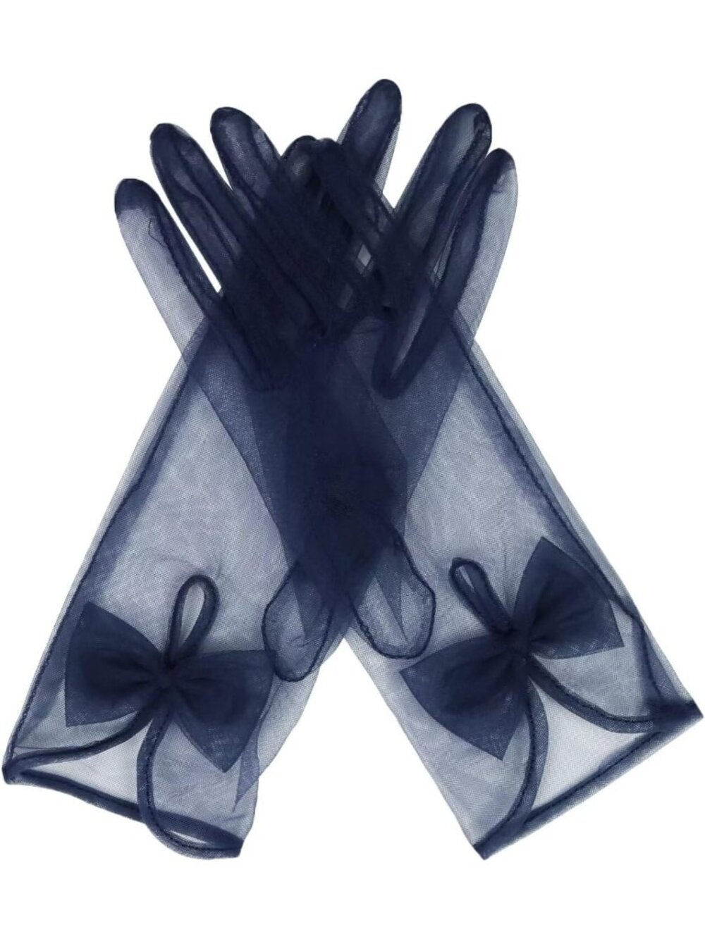 Women's Navy Wrist Length Vintage Stretchy 1920s Flapper Look Tulle Mesh Gloves